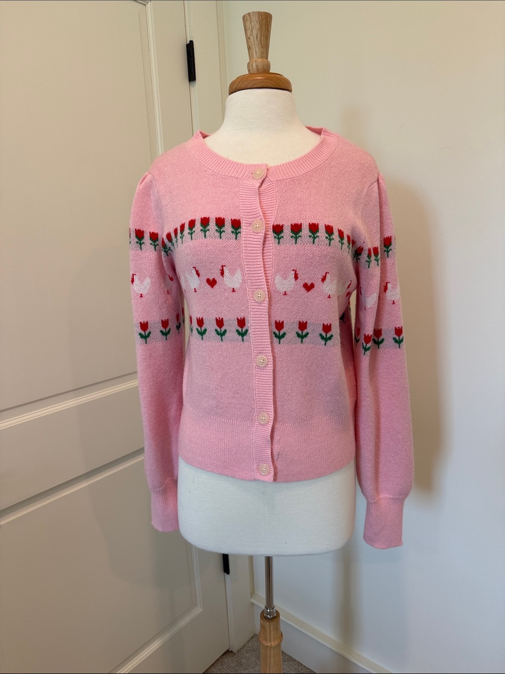 Francesca's Collections Pink Button-Up Tulip & Heart Cardigan